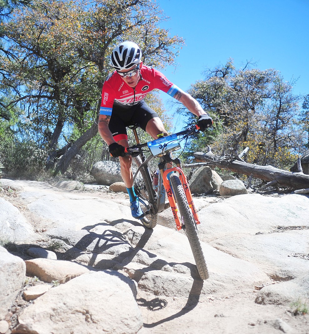 Stans Pivot rider Keegan Swenson during the Whiskey Off Road Pro 50-mile cross country mountain bike race in Prescott Sunday, April 28. (Les Stukenberg/Courier)