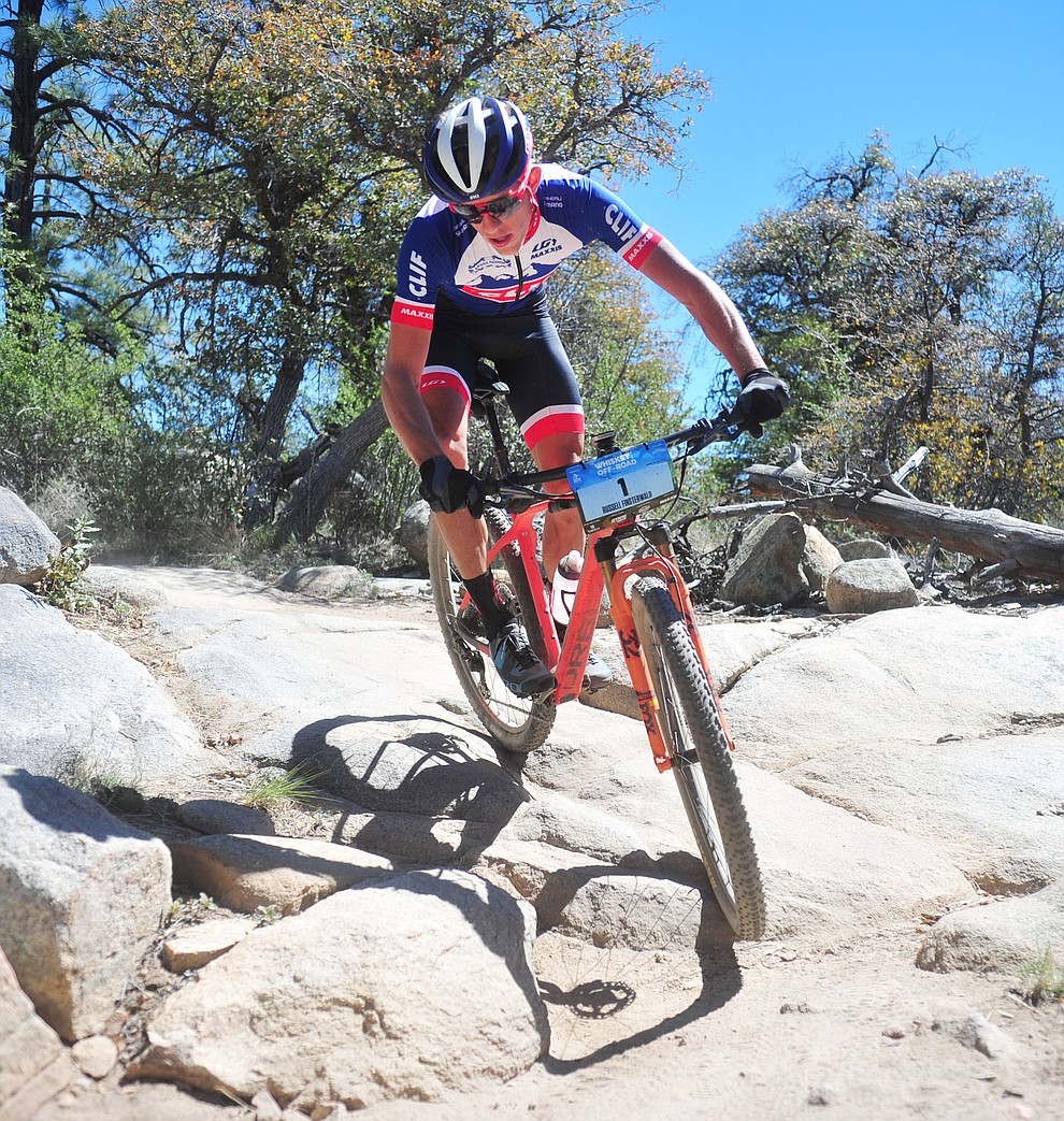 Clif Pro Team's Russell Finsterwald during the Whiskey Off Road Pro 50-mile cross country mountain bike race in Prescott Sunday, April 28. (Les Stukenberg/Courier)