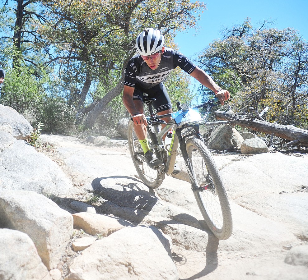 Trek Puerto Rico Racing's Georwill Perez Roman during the Whiskey Off Road Pro 50-mile cross country mountain bike race in Prescott Sunday, April 28. (Les Stukenberg/Courier)