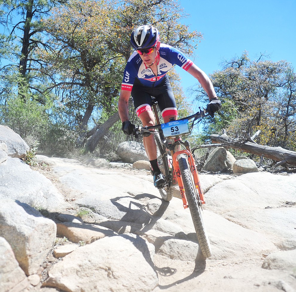 Ben Sonntag during the Whiskey Off Road Pro 50-mile cross country mountain bike race in Prescott Sunday, April 28. (Les Stukenberg/Courier)