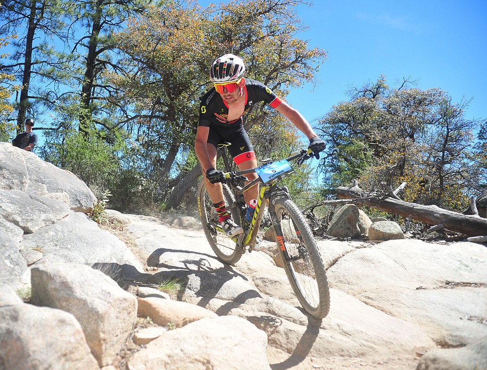 CZ Racing's Cal Skilsky during the Whiskey Off Road Pro 50-mile cross country mountain bike race in Prescott Sunday, April 28. (Les Stukenberg/Courier)