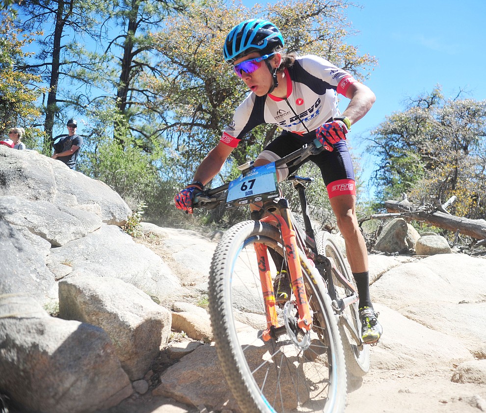 AZ Devo's Jacob Morales during the Whiskey Off Road Pro 50-mile cross country mountain bike race in Prescott Sunday, April 28. (Les Stukenberg/Courier)