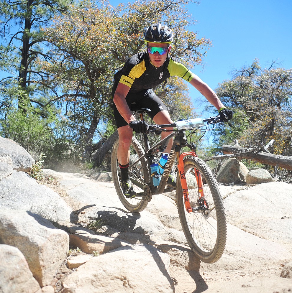 Team Topeak-Ergon's Cooper Wiens during the Whiskey Off Road Pro 50-mile cross country mountain bike race in Prescott Sunday, April 28. (Les Stukenberg/Courier)