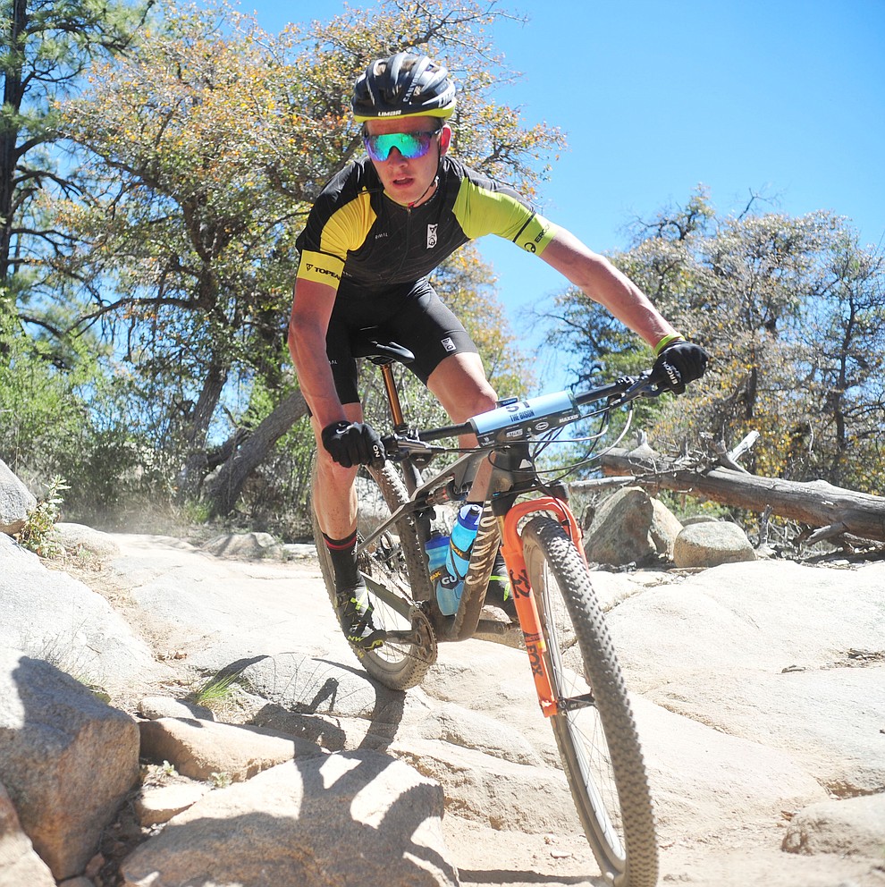 Team Topeak-Ergon's Cooper Wiens during the Whiskey Off Road Pro 50-mile cross country mountain bike race in Prescott Sunday, April 28. (Les Stukenberg/Courier)