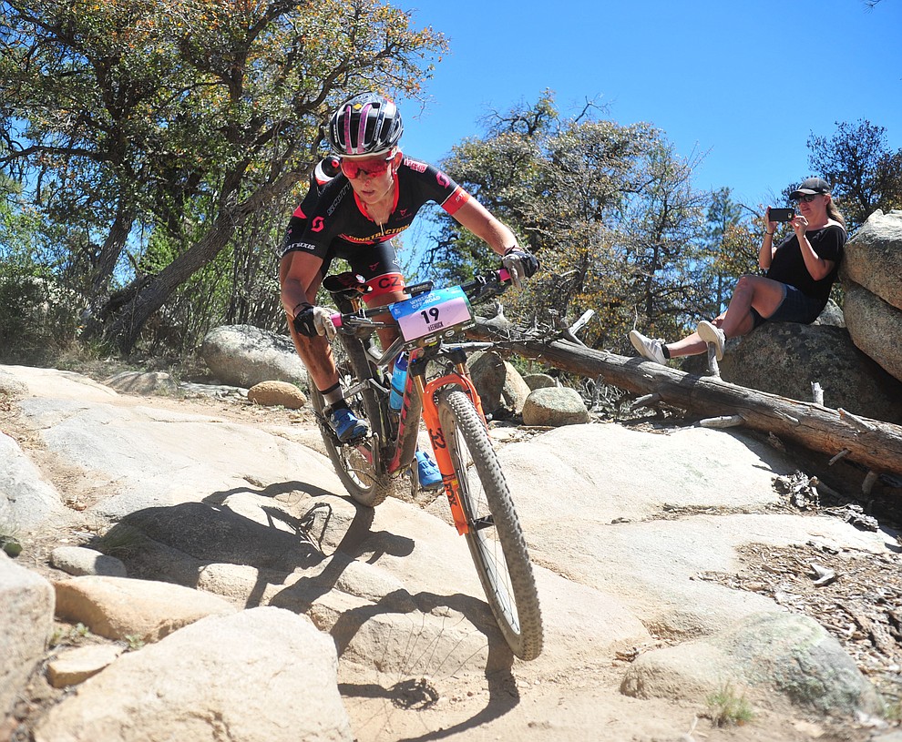 Erin Huck during the Whiskey Off Road Pro 50-mile cross country mountain bike race in Prescott Sunday, April 28. (Les Stukenberg/Courier)