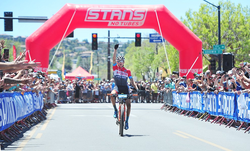 Stans Pivot rider Keegan Swenson wins the Whiskey Off Road Pro 50-mile cross country mountain bike race in Prescott Sunday, April 28. (Les Stukenberg/Courier)
