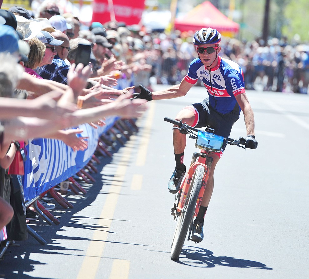 Russell Finsterwald finishes second in the Whiskey Off Road Pro 50-mile cross country mountain bike race in Prescott Sunday, April 28. (Les Stukenberg/Courier)