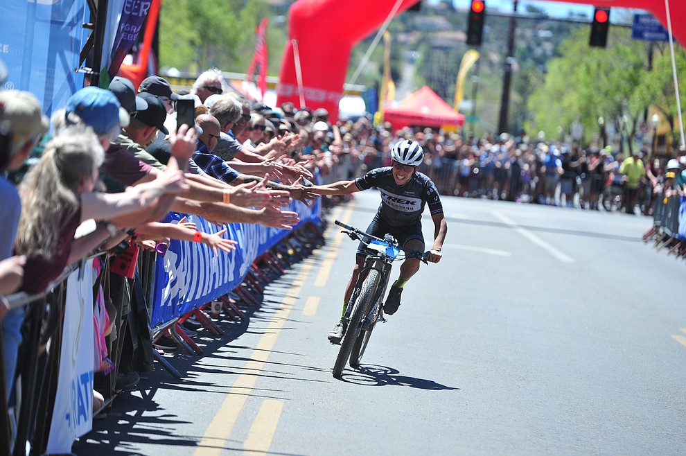 Georwill Perez Roman finshes third in the Whiskey Off Road Pro 50-mile cross country mountain bike race in Prescott Sunday, April 28. (Les Stukenberg/Courier)