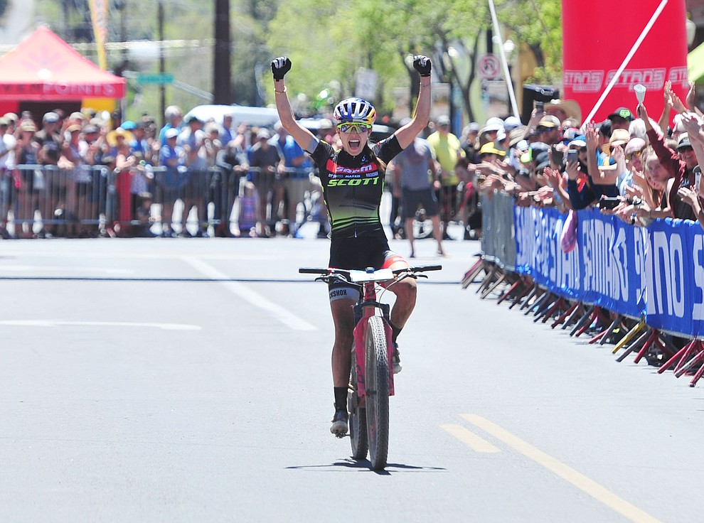 Kate Courtney wins the Whiskey Off Road Pro 50-mile cross country mountain bike race in Prescott Sunday, April 28. (Les Stukenberg/Courier)
