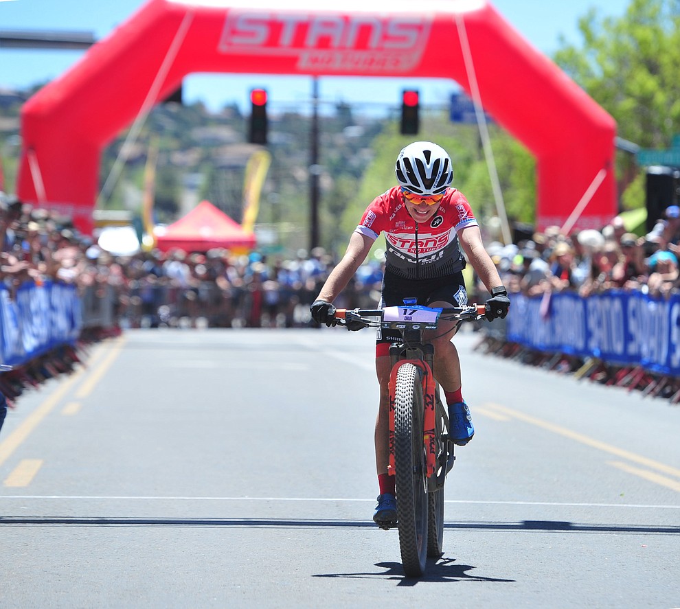 Stans Pivot's Chloe Woodruff finshes second at the Whiskey Off Road Pro 50-mile cross country mountain bike race in Prescott Sunday, April 28. (Les Stukenberg/Courier)