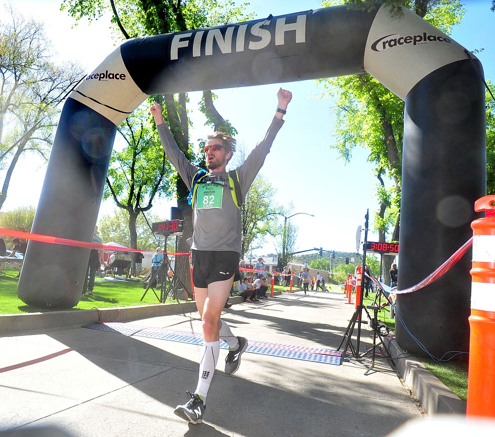 Forer Prescott resident Carl Zapfe finishes second in the marathon during the 41st annual Whiskey Row Marathon Saturday, May 4. (Les Stukenberg/Courier)