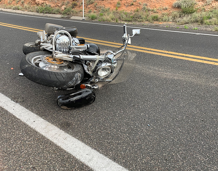 A motorcycle lies damaged in the middle of Cornville road after a fatal crash Sunday afternoon, May 5, 2019.