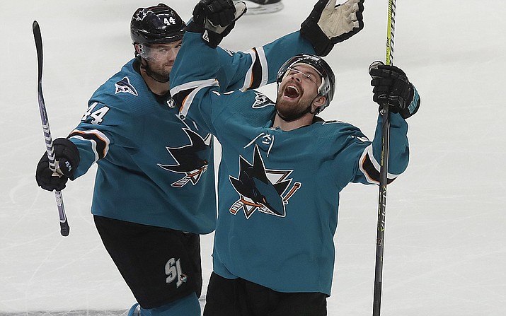 San Jose Sharks right wing Joonas Donskoi, right, celebrates with defenseman Marc-Edouard Vlasic (44) after scoring a goal against the Colorado Avalanche during the second period of Game 7 of an NHL hockey second-round playoff series in San Jose, Calif., Wednesday, May 8, 2019. (Jeff Chiu/AP)