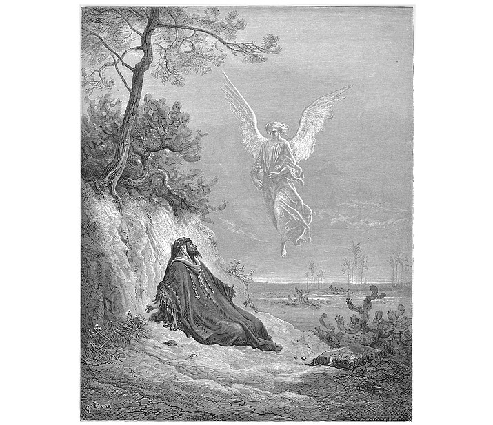 A wood engraving by French artist Gustave Dore, circa 1855, depicting a scene from the Bible in 1 Kings 19:5. An angel comes to comfort the prophet Elijah, who is so discouraged he wishes to die.