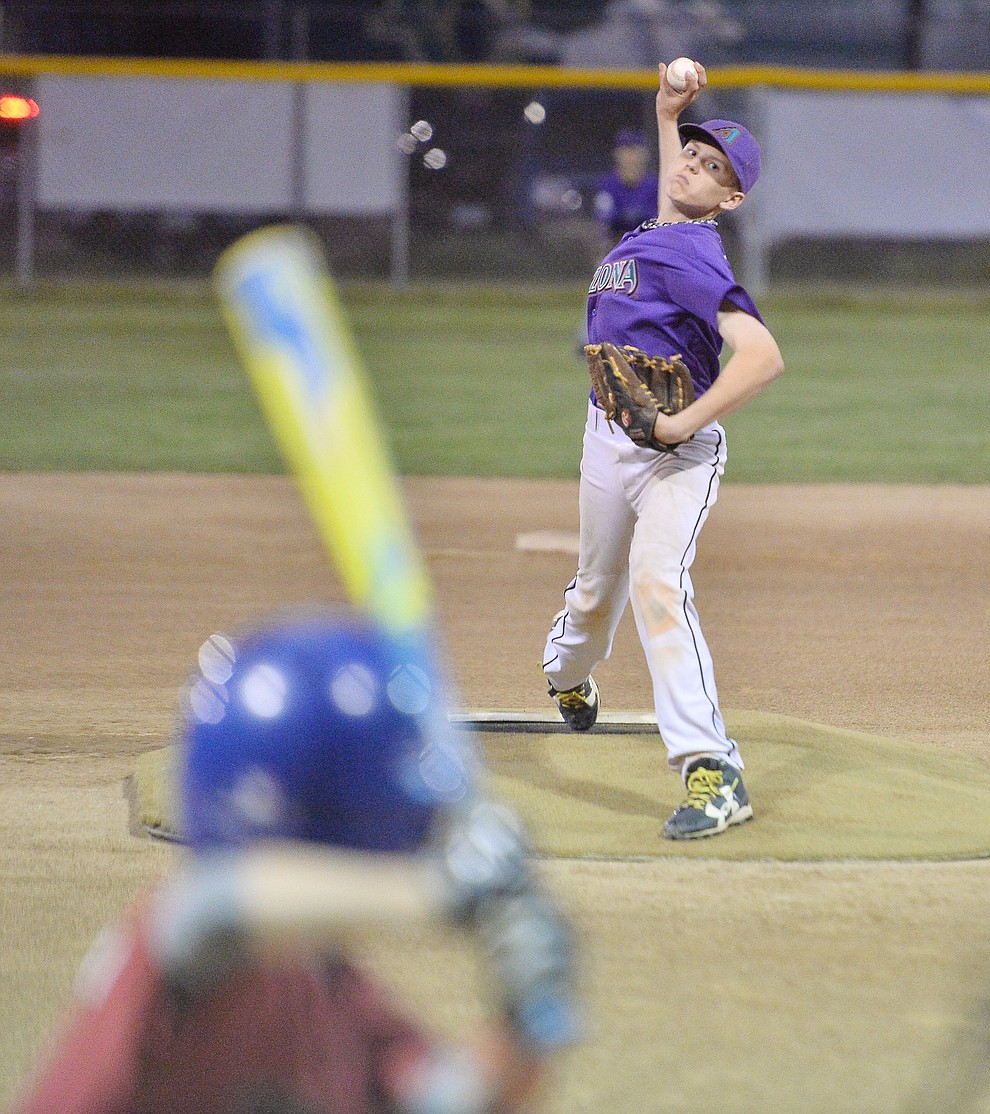 Noah Thunborg delivers a pitch during the Prescott Little League majors City Championship semi-final game Tuesday, May 14.  (Les Stukenberg/Courier)