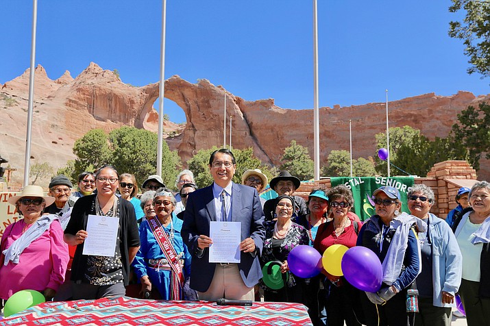 Navajo Nation President Jonathan Nez stands with Navajo Department of Health Executive Director Dr. Jill Jim and Navajo senior citizens In Window Rock as Nez proclaimed May Older Americans Month.  (Photo courtesy of Office of the Prresident and Vice President)
