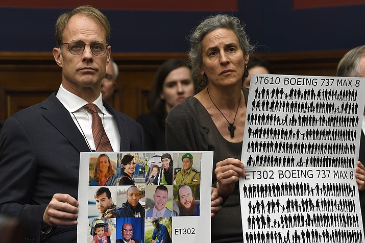 Michael Stumo and Nadia Milleron, right, parents of Samya Stumo, 24, a Massachusetts resident who died in the Ethiopian plane crash, listen during a House Transportation Committee hearing on Capitol Hill in Washington, Wednesday, May 15, 2019, on the status of the Boeing 737 MAX aircraft. (AP Photo/Susan Walsh)