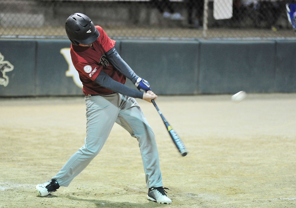 Zane Gaul makes contact as Farmers Insurance faced off against the True Vaue in the Prescott Little League Majors City Championship Game Friday, May 17. (Les Stukenberg/Courier)