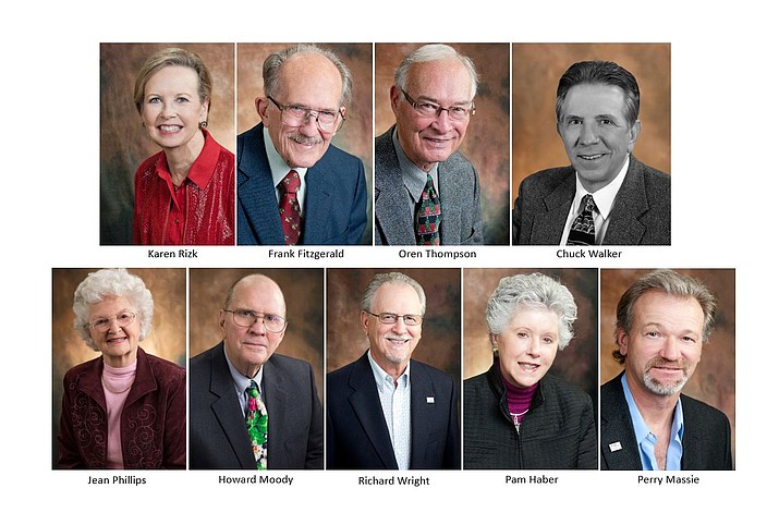 At the Yavapai College Foundation Board meeting, the title of board member emeritus was conferred upon Frank Fitzgerald, Pam Haber, Perry Massie, Howard Moody, Karen Rizk, Oren Thompson, Chuck Walker and Richard Wright. They will join Board Member Emeritus Jean Phillips, who was inducted in 2010. (Courtesy)