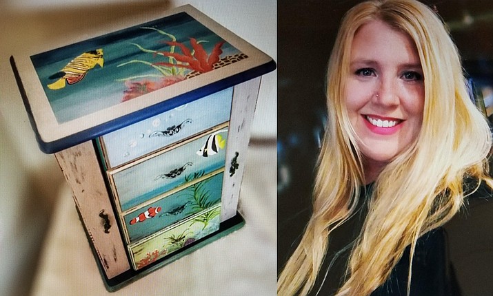 For her “Flying Colors Furniture Shoppe,” Megan Kelley delights in rescuing, repairing, re-imagining and refurbishing small pieces of discarded furniture which, under her imaginative treatment are lovingly ‘upcycled’ into functional and uniquely beautiful one-of-a-kind hand painted, ornate jewelry boxes.