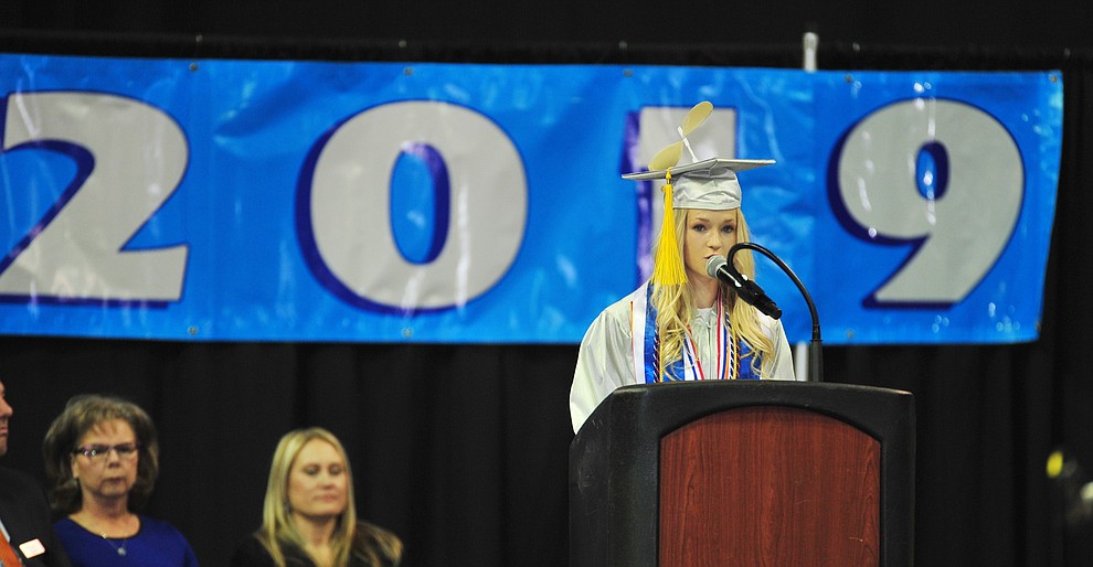 Senior Class President Lauren Foster speaks about reflections as Chino Valley HIgh School graduated 153 students in a commencement ceremony Wednesday, May 22 at the Findlay Toyota Center in Prescott Valley. (Les Stukenberg/Courier)