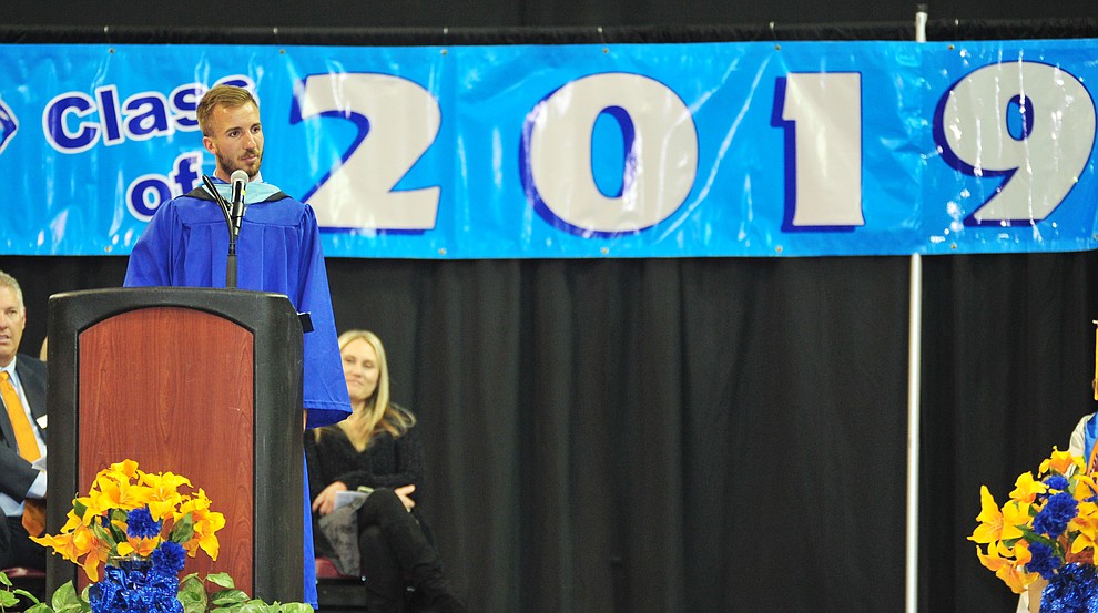 Keynote speaker Travis Miller speasks as Chino Valley HIgh School graduated 153 students in a commencement ceremony Wednesday, May 22 at the Findlay Toyota Center in Prescott Valley. (Les Stukenberg/Courier)
