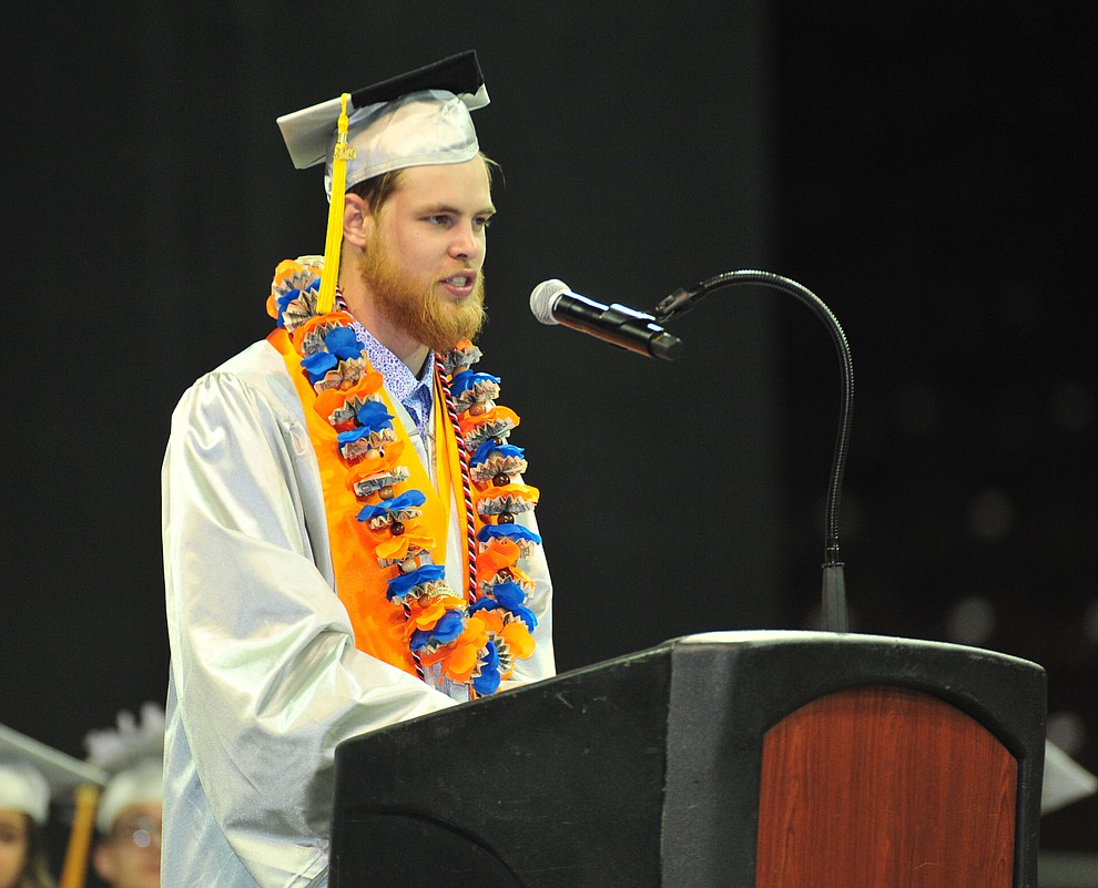 Salutatorian Joshua Bowen speaks as Chino Valley HIgh School graduated 153 students in a commencement ceremony Wednesday, May 22 at the Findlay Toyota Center in Prescott Valley. (Les Stukenberg/Courier)