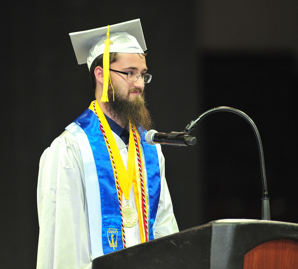 Valedictorian Jacob Akans speaks as Chino Valley HIgh School graduated 153 students in a commencement ceremony Wednesday, May 22 at the Findlay Toyota Center in Prescott Valley. (Les Stukenberg/Courier)