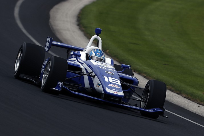 In a photo provided byIMS Photo, Jarrett Andretti tests for the Freedom 100 Indy Lights auto race at Indianapolis Motor Speedway in Indianapolis on Monday, May 20, 2019. The 26-year-old Andretti is making his racing debut at the hallowed speedway on Friday, when the lower-tier Indy Lights series runs the Freedom 100 on Carb Day ahead of the Indianapolis 500 (Joe Skibinski/IMS Photo via AP)