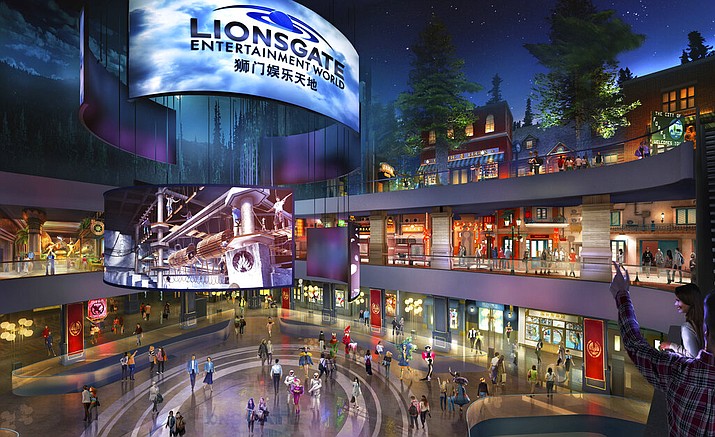 This rendering released by Lionsgate shows the atrium of Lionsgate Entertainment World, a virtual reality-heavy theme park set to open in July on Hengqin island in Zhuhai, China. The park will feature rides, shops and attractions set in the worlds of popular Lionsgate films including "The Hunger Games," "Twilight" and "Escape Room." (Lionsgate via AP)