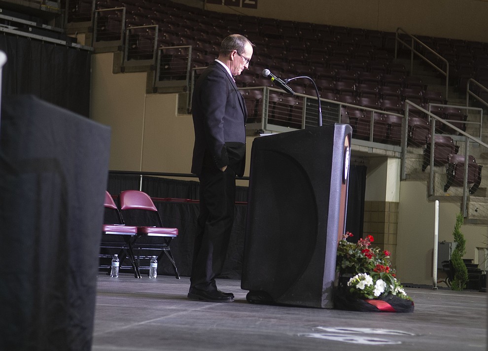 Principal Kort Miner has a quiet moment before Bradshaw Mountain High School graduated 334 students in a commencement ceremony Thursday, May 23 at the Findlay Toyota Center in Prescott Valley. (Les Stukenberg/Courier)
