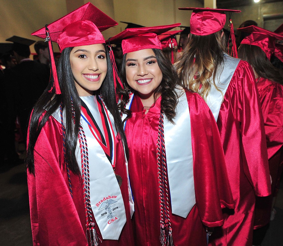 Andrea Torres and Savanna Rauda before Bradshaw Mountain High School graduated 334 students in a commencement ceremony Thursday, May 23 at the Findlay Toyota Center in Prescott Valley. (Les Stukenberg/Courier)
