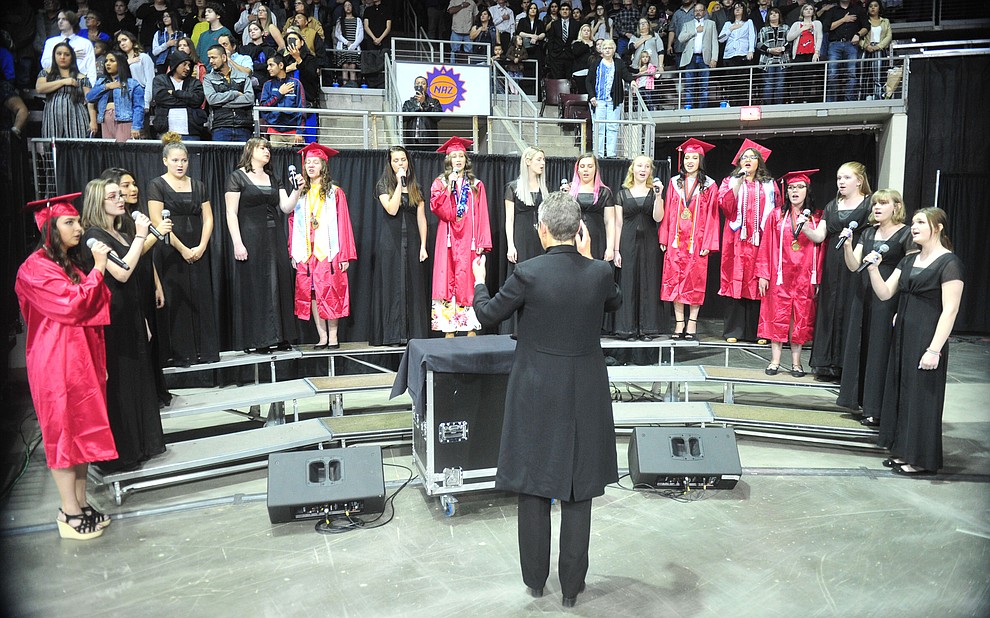 The Bradshaw Mountain Women's Ensemble sings the National Anthem as Bradshaw Mountain High School graduated 334 students in a commencement ceremony Thursday, May 23 at the Findlay Toyota Center in Prescott Valley. (Les Stukenberg/Courier)