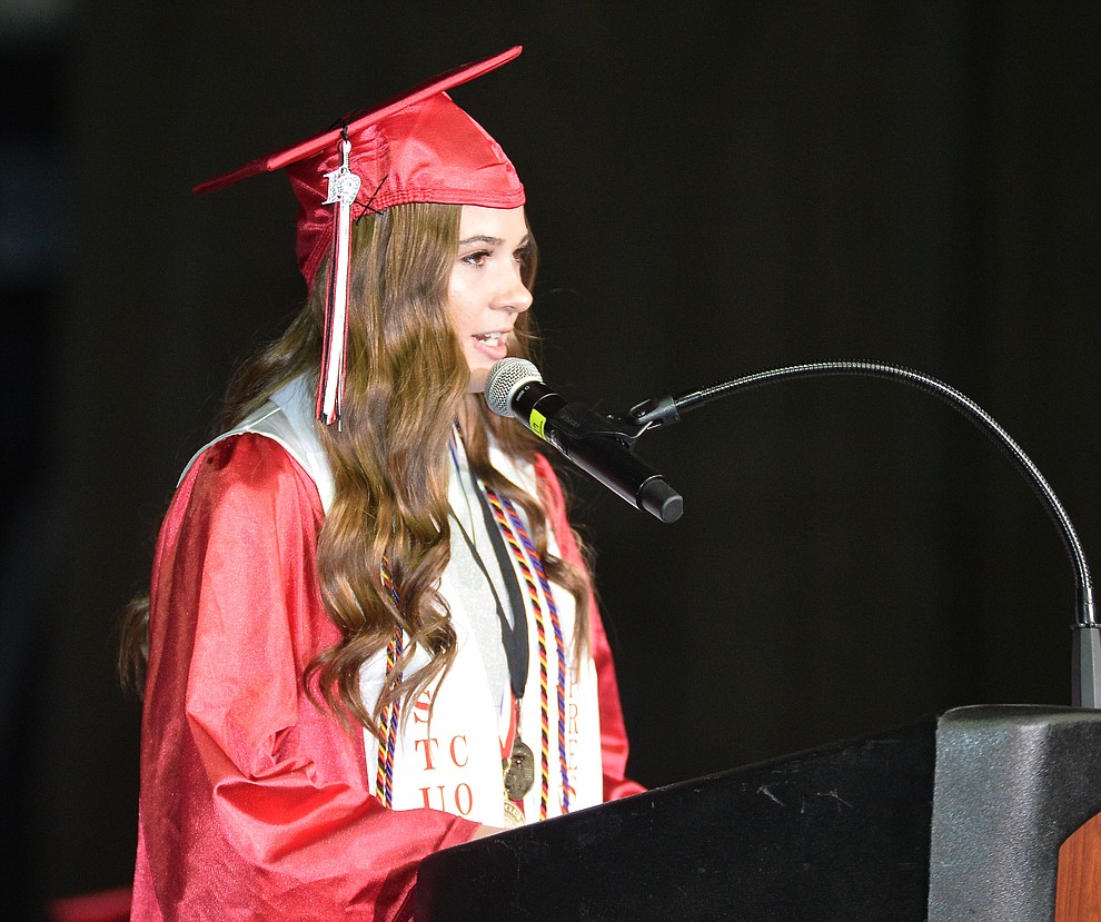Student Body President Courtnie Cobb speaks as Bradshaw Mountain High School graduated 334 students in a commencement ceremony Thursday, May 23 at the Findlay Toyota Center in Prescott Valley. (Les Stukenberg/Courier)