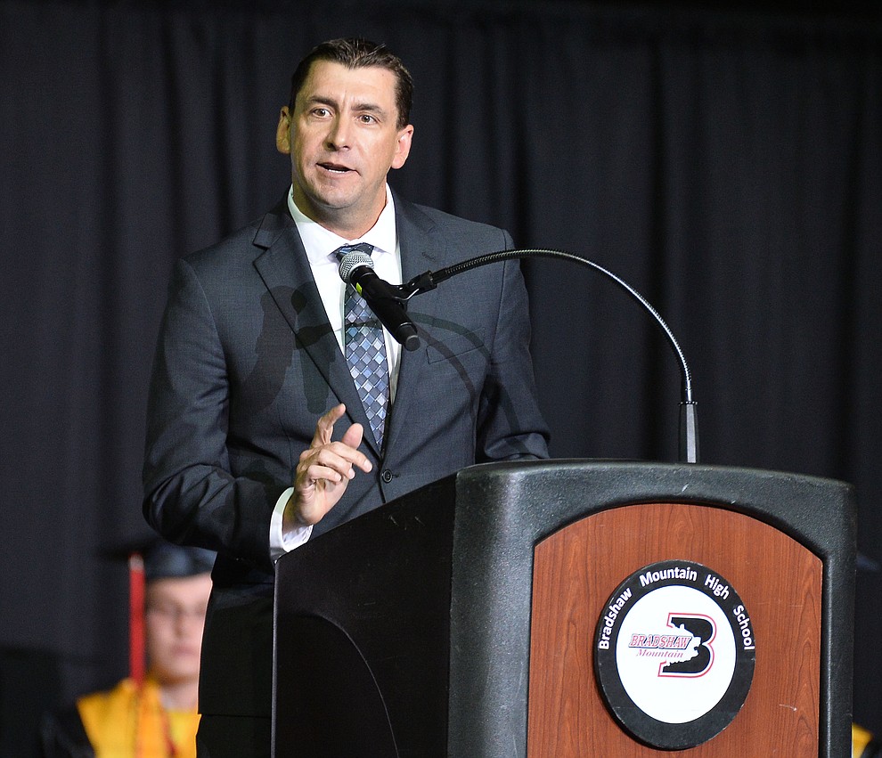 Humboldt Unified Superintendent Dan Streeter speaks as Bradshaw Mountain High School graduated 334 students in a commencement ceremony Thursday, May 23 at the Findlay Toyota Center in Prescott Valley. (Les Stukenberg/Courier)