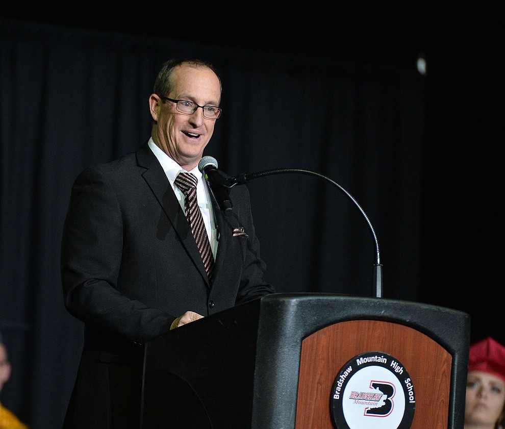 Principal Kort Miner speaks as Bradshaw Mountain High School graduated 334 students in a commencement ceremony Thursday, May 23 at the Findlay Toyota Center in Prescott Valley. (Les Stukenberg/Courier)