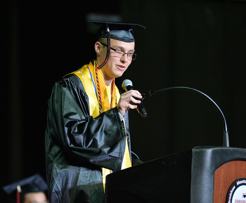 Valedictorian Joshua Sutton speaks as Bradshaw Mountain High School graduated 334 students in a commencement ceremony Thursday, May 23 at the Findlay Toyota Center in Prescott Valley. (Les Stukenberg/Courier)