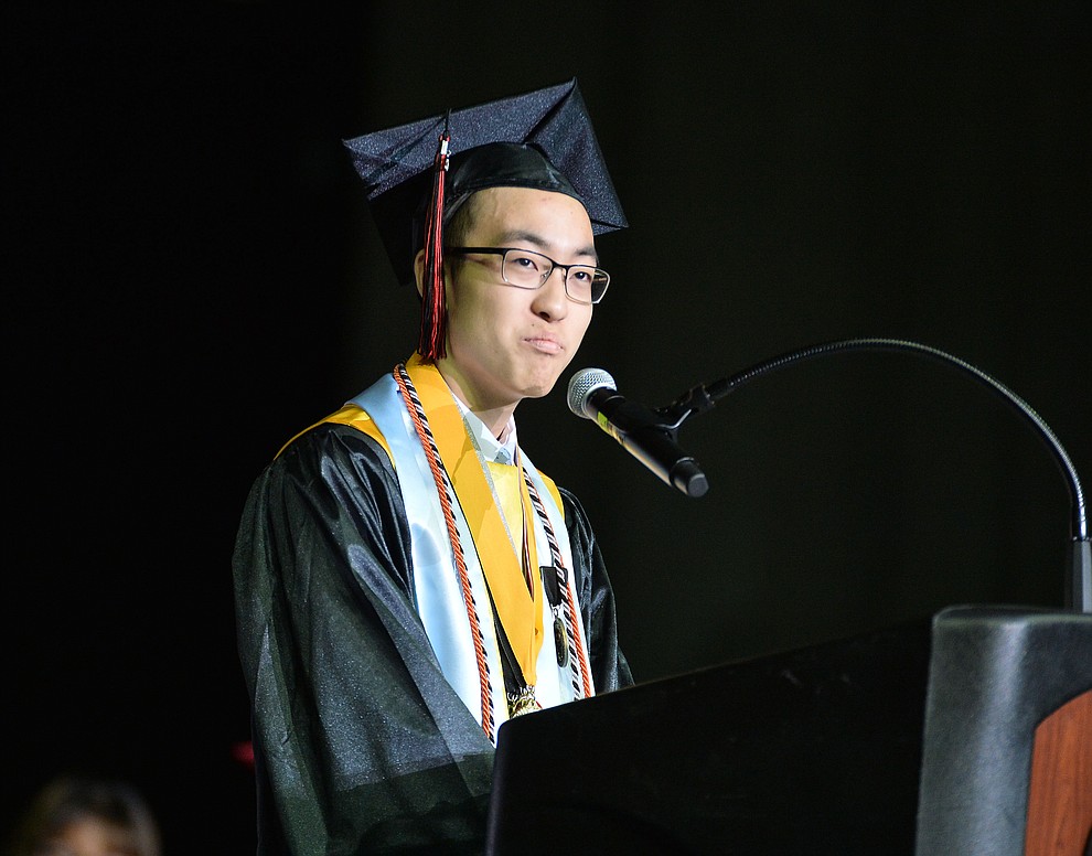 Salutatorian Kintaro Richards speaks as Bradshaw Mountain High School graduated 334 students in a commencement ceremony Thursday, May 23 at the Findlay Toyota Center in Prescott Valley. (Les Stukenberg/Courier)