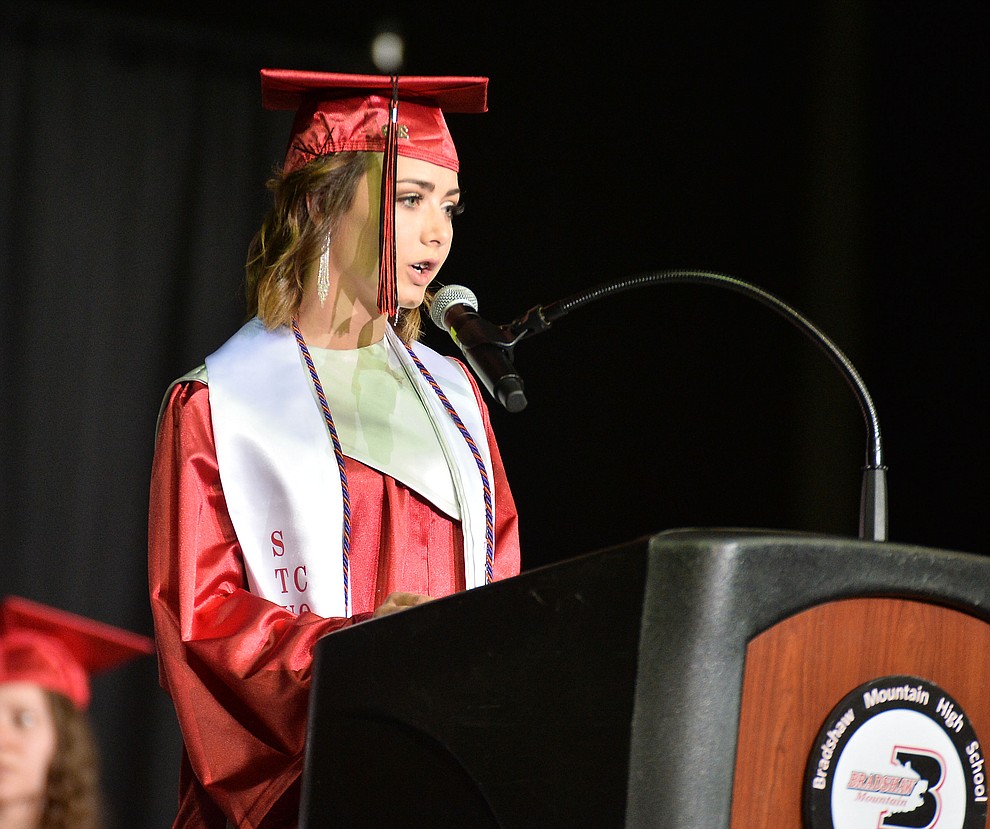 Student Body Vice President Hali Skipper announces the class gift, school wide charging stations, Bradshaw Mountain High School graduated 334 students in a commencement ceremony Thursday, May 23 at the Findlay Toyota Center in Prescott Valley. (Les Stukenberg/Courier)