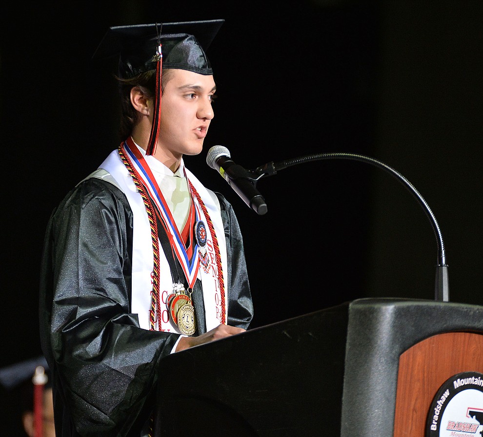 Parker Bennett gives The Rose Talk as Bradshaw Mountain High School graduated 334 students in a commencement ceremony Thursday, May 23 at the Findlay Toyota Center in Prescott Valley. (Les Stukenberg/Courier)