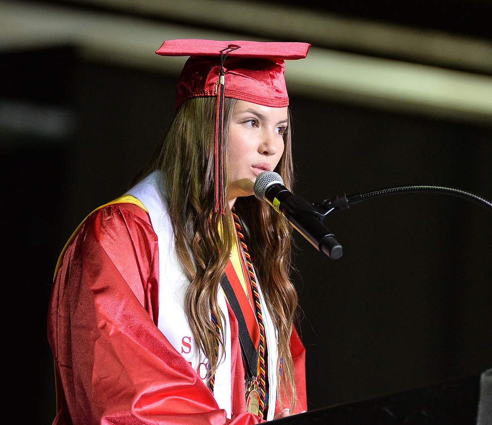 Reillie Smith gives The Rose Talk as Bradshaw Mountain High School graduated 334 students in a commencement ceremony Thursday, May 23 at the Findlay Toyota Center in Prescott Valley. (Les Stukenberg/Courier)