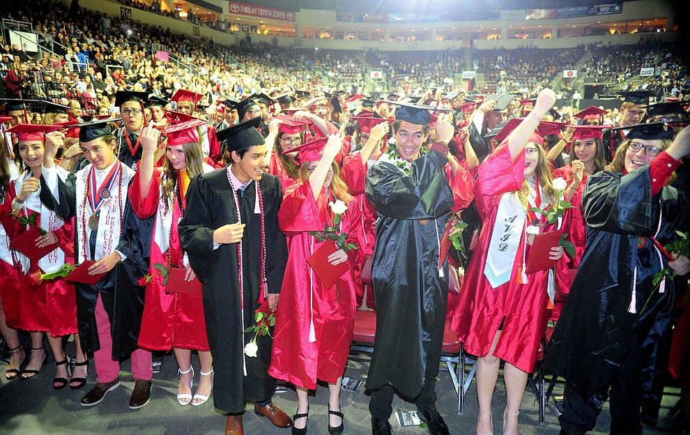 Graduates move their tassles from right to left as Bradshaw Mountain High School graduated 334 students in a commencement ceremony Thursday, May 23 at the Findlay Toyota Center in Prescott Valley. (Les Stukenberg/Courier)