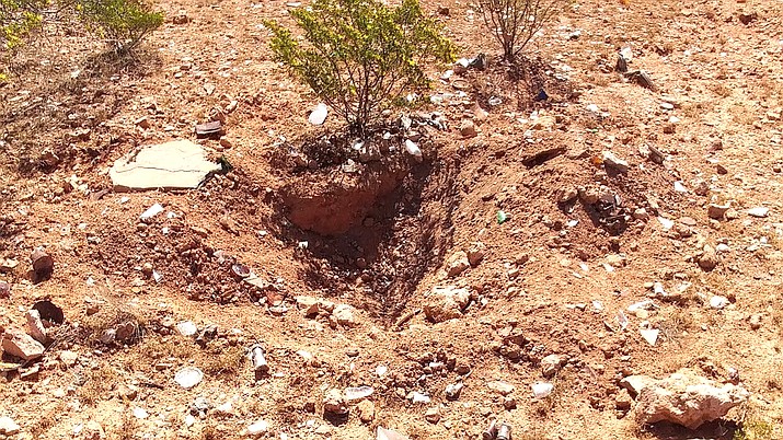 Verde Valley Archaeology Center Site Watch volunteers discovered active vandalism at a site on the Coconino National Forest in Cornville as evidenced by freshly dug soil and collection buckets. Photo courtesy Verde Valley Archaeology Center.