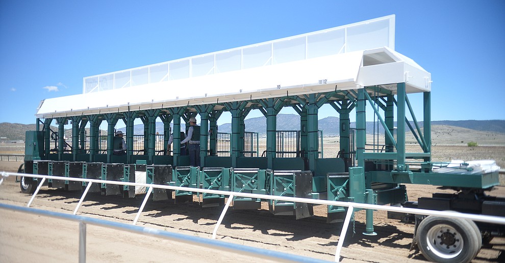The starting gate moves into position at opening day of Arizona Downs Friday, May 24 in Prescott Valley. The racetrack reopens under new ownership after being closed for 10 years. (Les Stukenberg/Courier)