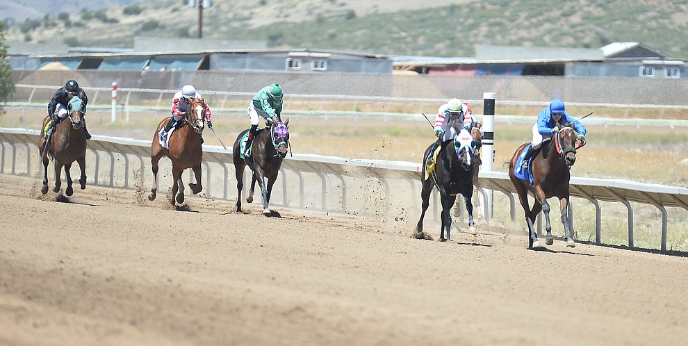 Horses come down the stretch in the second race at opening day of Arizona Downs Friday, May 24 in Prescott Valley. The racetrack reopens under new ownership after being closed for 10 years. (Les Stukenberg/Courier)