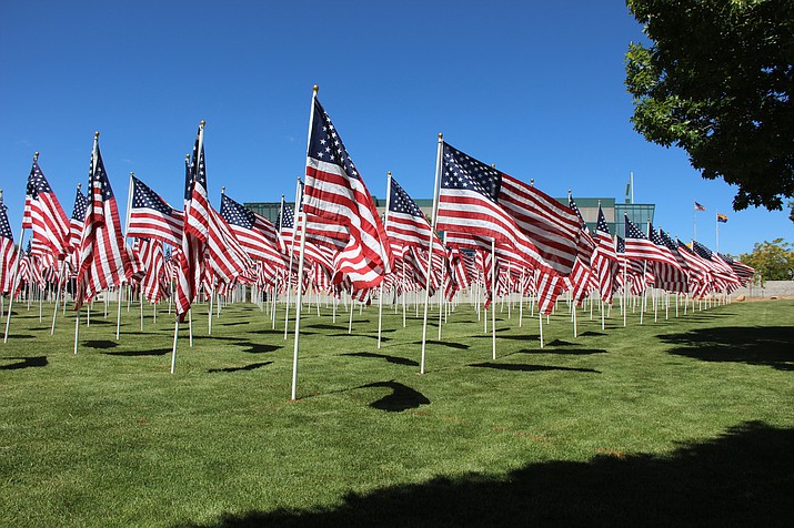 The 2019 Memorial Day flag display has been set up in a grassy field between the Prescott Valley Police Department and Prescott Valley Civic Center, 7501 E. Skoog Blvd. (Max Efrein/Daily Courier)