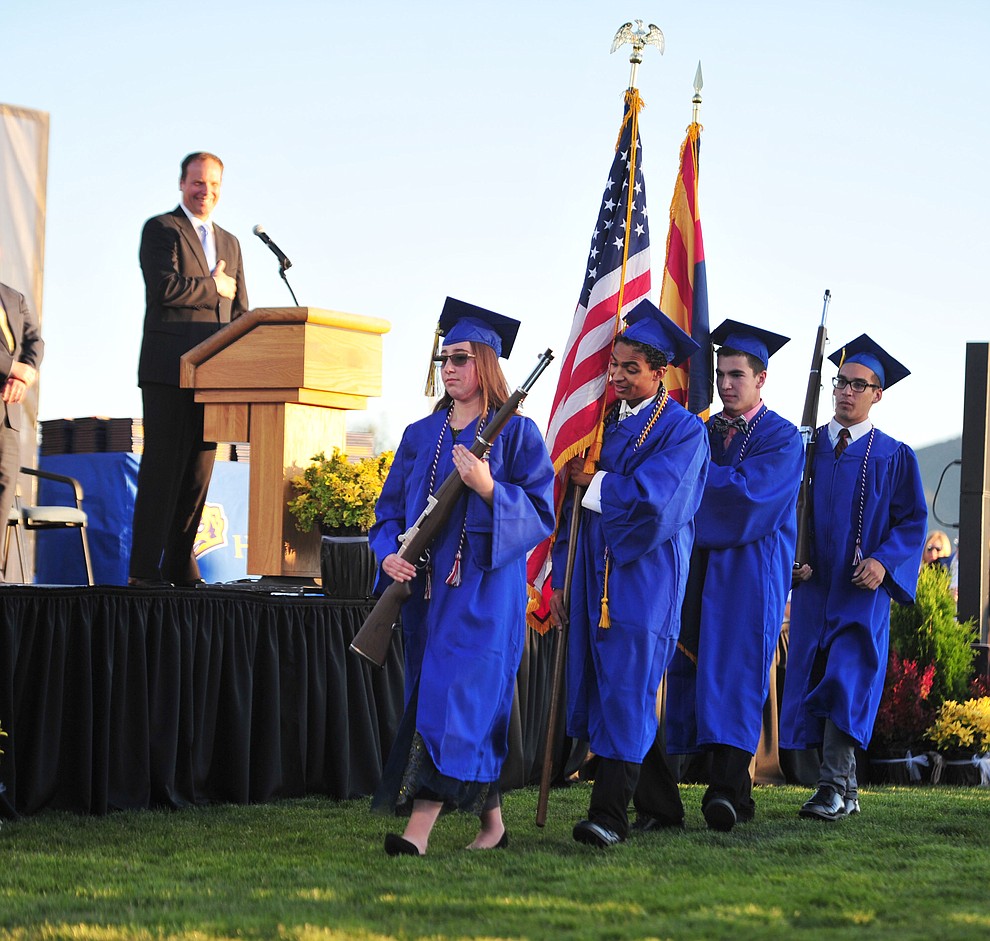 The Air Force Junior Reserve Officer Training Corps presents the colors as Prescott High School graduated 301 students in a commencement ceremony Friday, May 24 on Bill Shepard Field in Prescott. (Les Stukenberg/Courier)