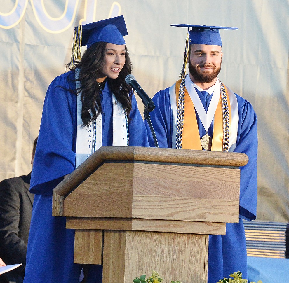 Student Body President Taylor Lopez speaks as Prescott High School graduated 301 students in a commencement ceremony Friday, May 24 on Bill Shepard Field in Prescott. (Les Stukenberg/Courier)