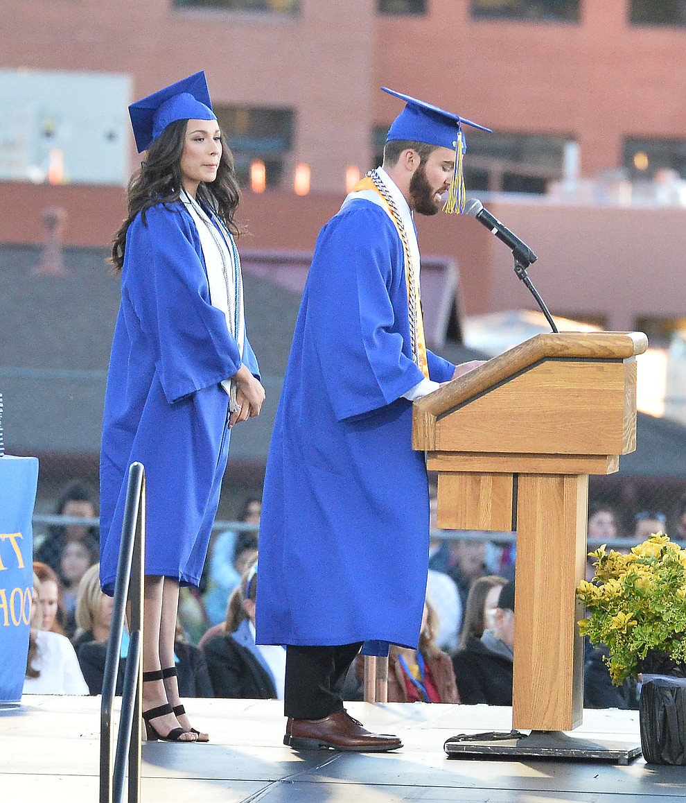 Student Body Vice President Garrett Fenderson speaks as Prescott High School graduated 301 students in a commencement ceremony Friday, May 24 on Bill Shepard Field in Prescott. (Les Stukenberg/Courier)