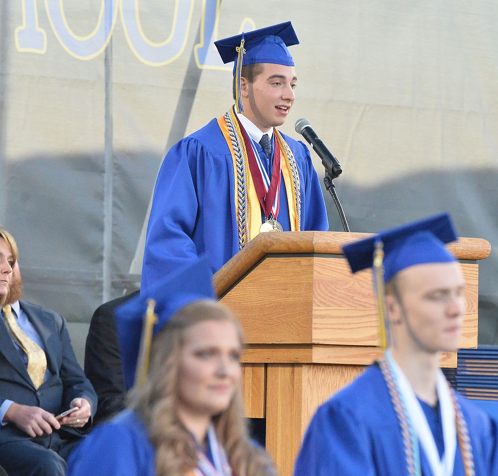 Colton Amos speaks for the Graduates with Distinction as Prescott High School graduated 301 students in a commencement ceremony Friday, May 24 on Bill Shepard Field in Prescott. (Les Stukenberg/Courier)